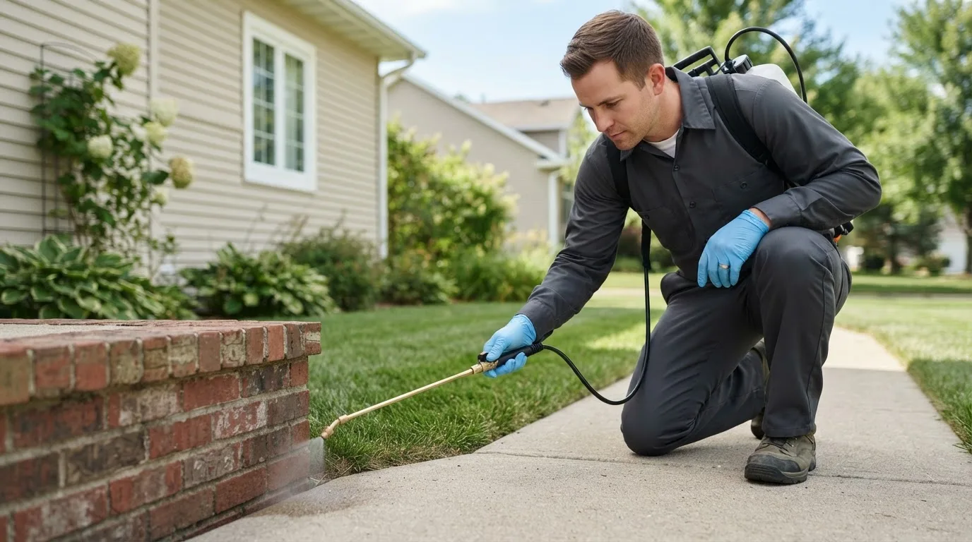 Pest control technician treating a home near Zoar, OH