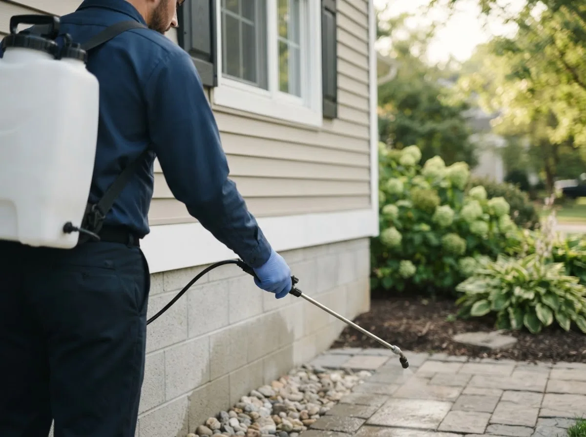 Pest control technician inspecting a home in Zoar, OH